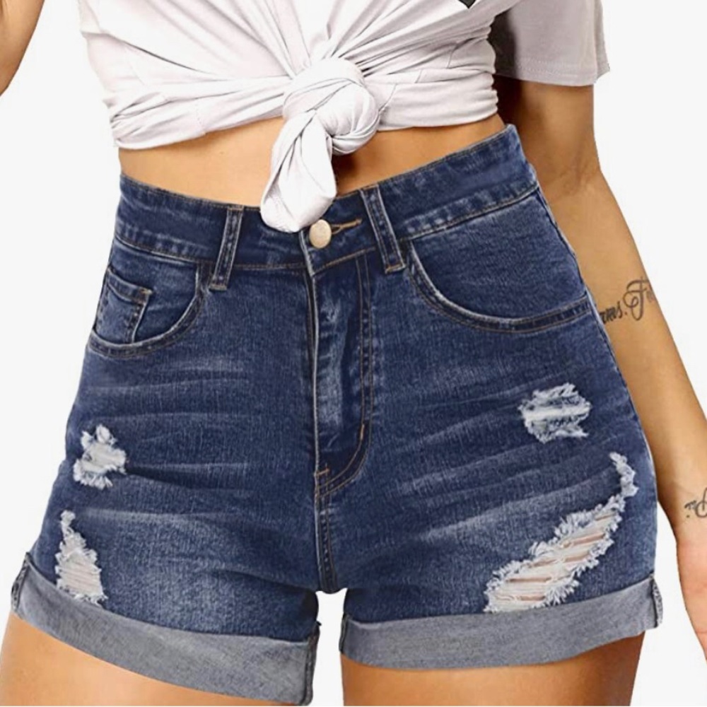 🐝 HIGH-WAISTED DISTRESSED DENIM STRETCH SHORTS -WOMENS XL